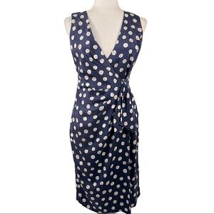 ST. JOHN Sleeveless Faux Wrap Silk Polka Dot Dress